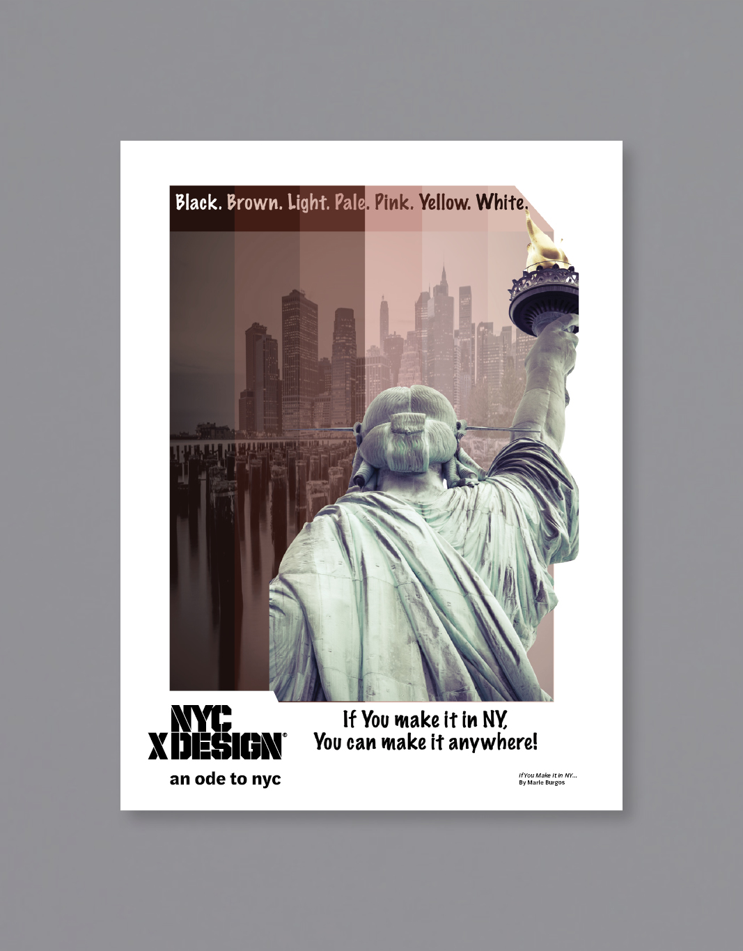 A poster showing the image of the back of the Statue of Liberty. The texts say 