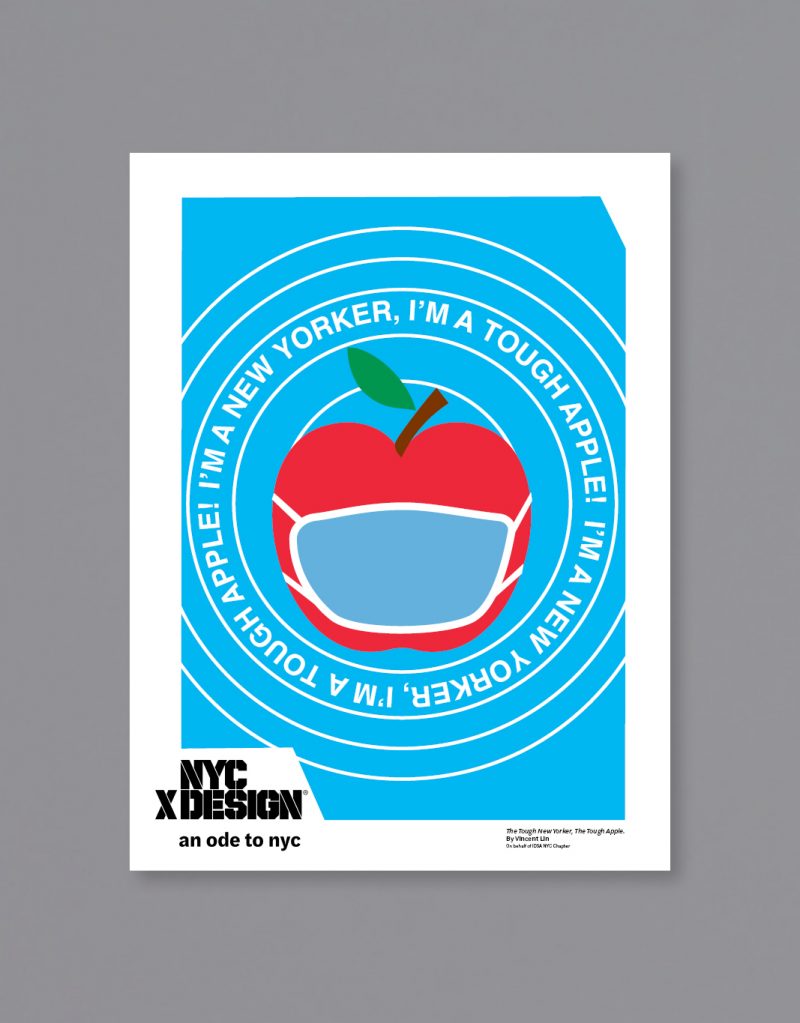 A poster showing an apple wearing a face mask. The texts around the apple say