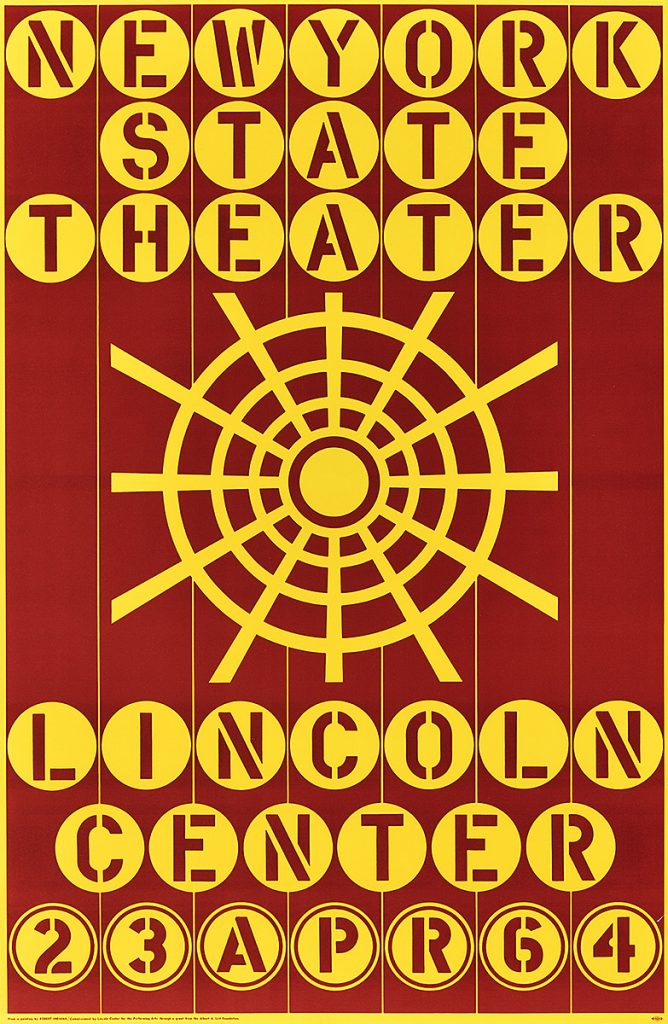 A silkscreen poster in brick and saffron announcing new york state theater with a spider web design in the center.