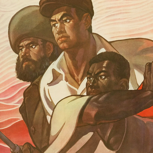 A cropped image of a lithographic poster featuring a Black, Chinese, and Russian man in fighting stances.