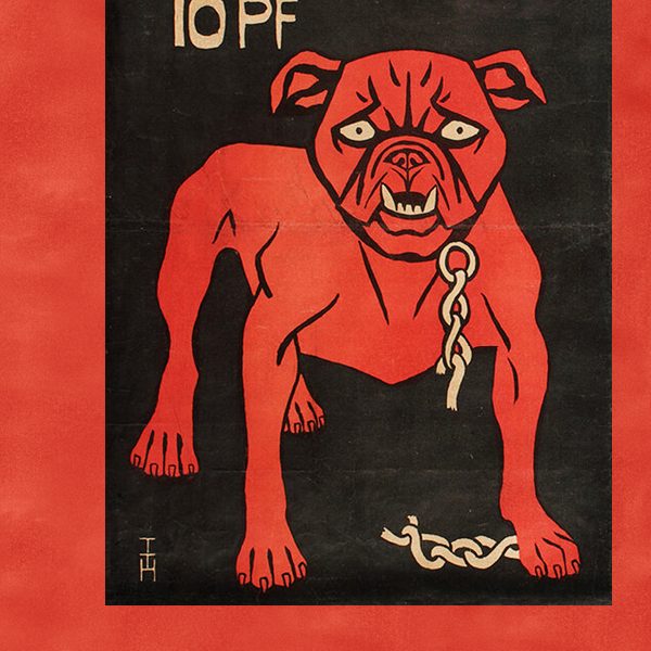an illustrated poster on a red background of a red dog under text