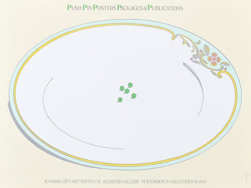 photo offset poster of a large white dinner plate with 5 peas on it and nothing else