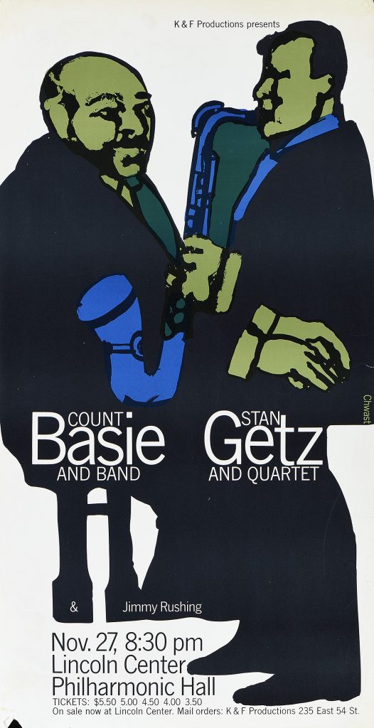A photo offset poster of two green jazz musicians facing each other wearing black suits.