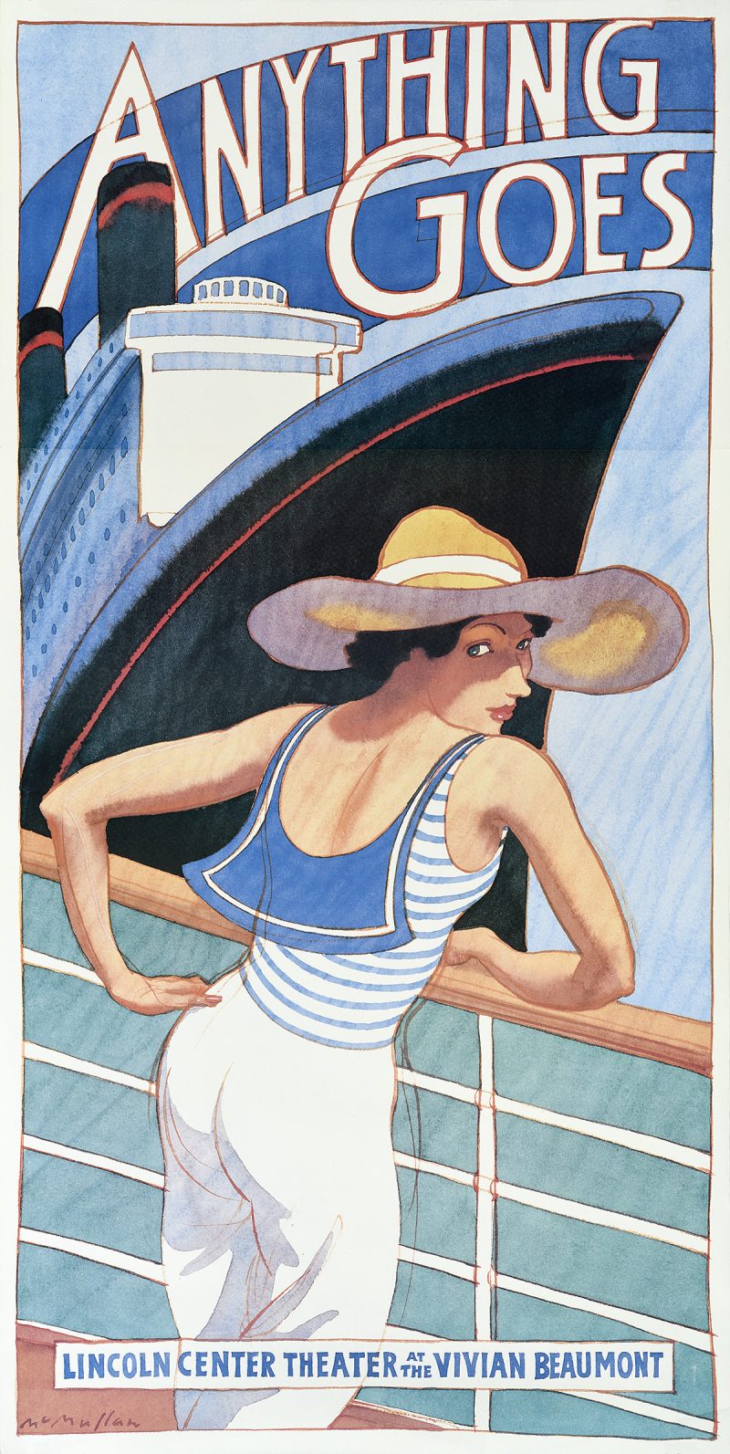 photo offset poster of a woman in a sailor costume leaning against a ship's railing, a large cruise liner in the distance
