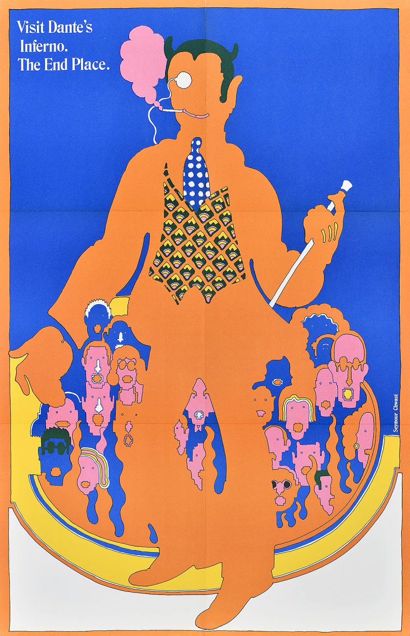 photo offset poster of a besuited orange figure with a cane and monocle overlapping a crowd of pink heads