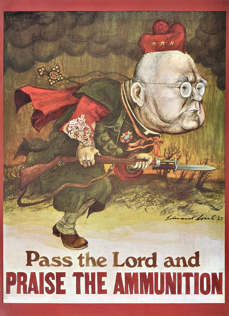 photo offset illustrational poster of a cardinal running toward a battle with a bayonette in hand