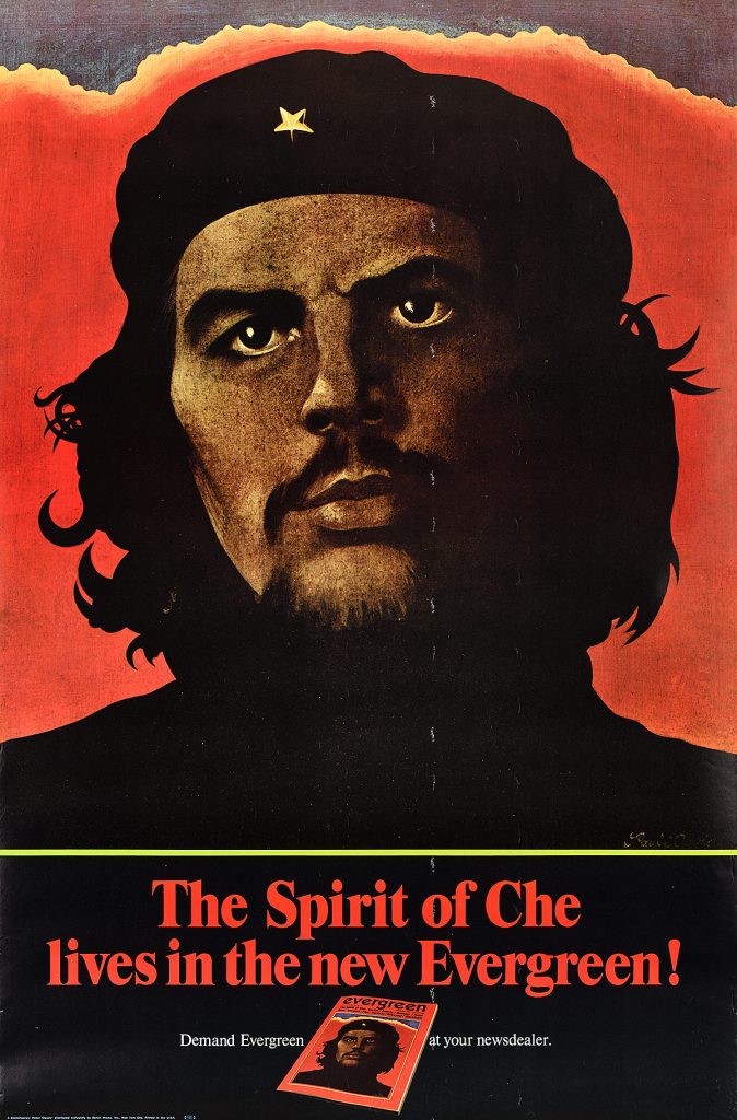 illustrational poster of Che Guevara looking toward a sunset