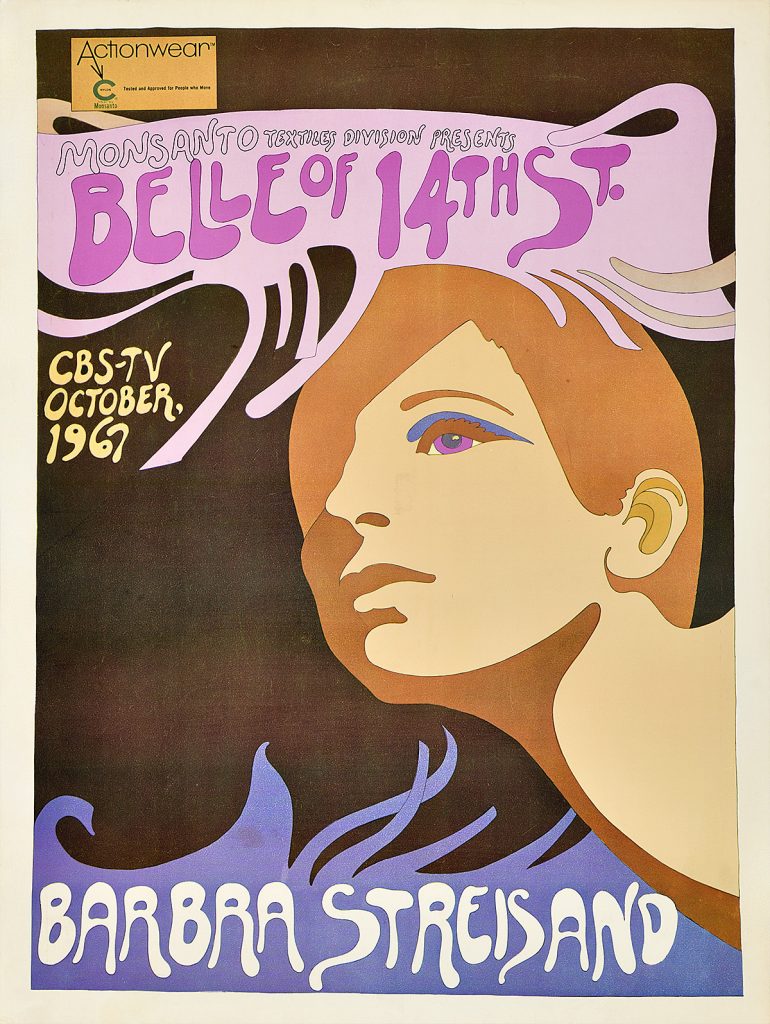 A photo offset illustrational poster in purple hues of Barbra Streisand looking toward the upper left corner.