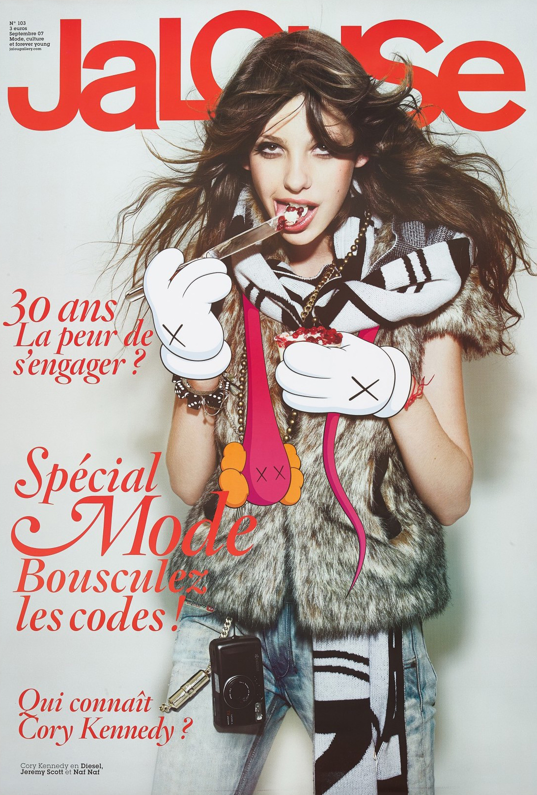 photo offset poster of a magazine cover with a model eating something with animated mickey mouse like hands
