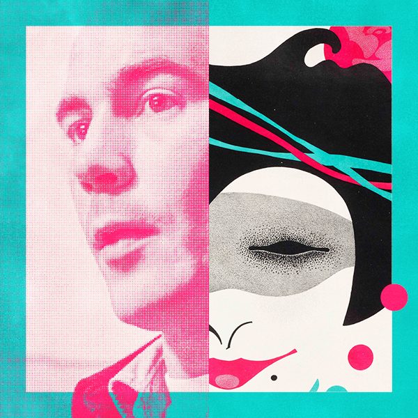 a split image of a pink halftone-dot of Hunter S. Thompson's headshot on the left and Julius Klinger's Carnival Poster on the right. A teal border frames the image.