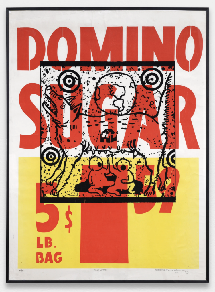 silkscreen domino sugar supermarket poster with a wolf nursing two humans superimposed on it