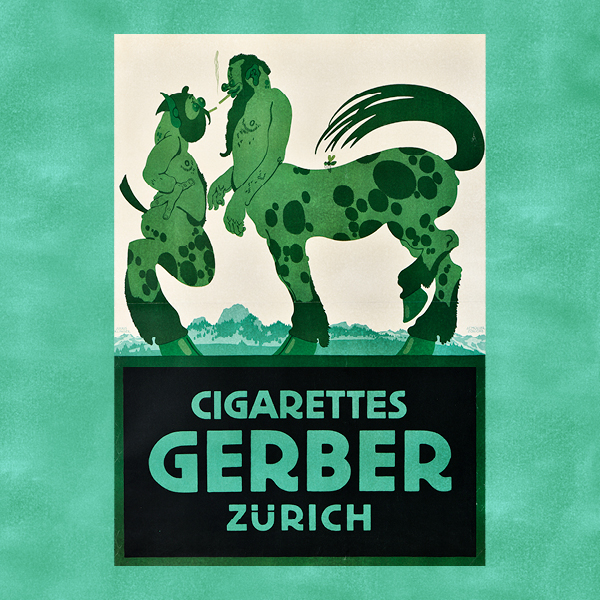 A poster depicting a green centaur and a green satyr each enjoying a cigarette while standing intimately close to one another.