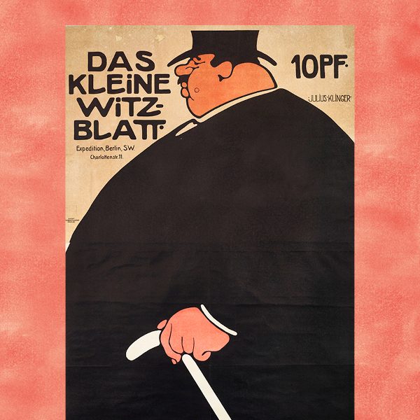 A poster illustrating a gigantic rounded man dressed all in black leaning on a white cane against a beige background on a salmon textured graphic.