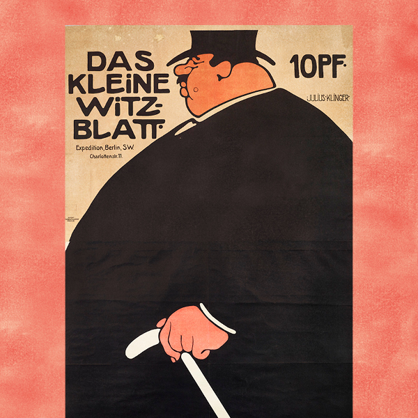 A poster illustrating a gigantic rounded man dressed all in black leaning on a white cane against a beige background on a salmon textured graphic.