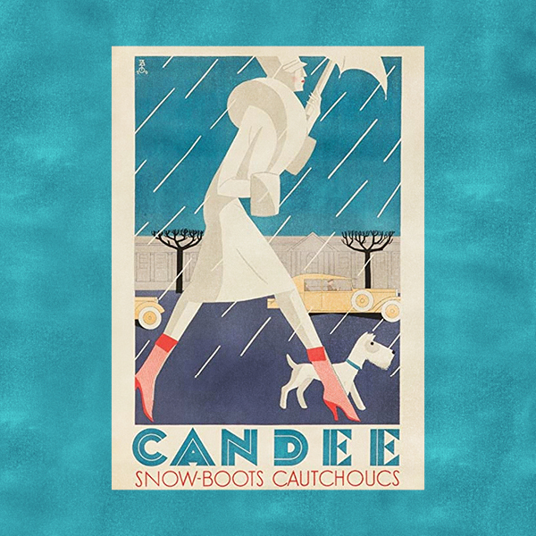 an illustrated poster on a blue background. The poster features a woman in all white walking a dog in the rain in an urban environment, with red boots. the text at the bottom reads 