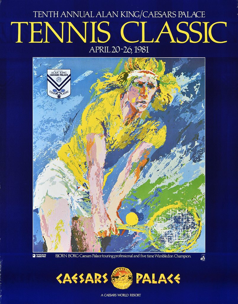 Photo offset poster of a blonde haired tennis player smacking the ball.