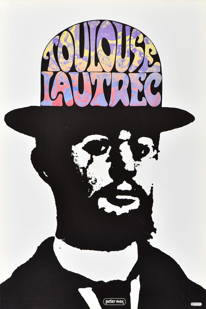A photo offset poster of a black and white photo of Toulouse Lautrec with his name in rainbow letters inside a bowler hat.