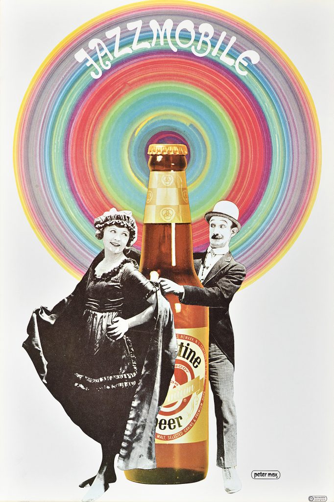 A photo offset poster of a black and white vintage photo of a couple dancing around a giant beer bottle. Above is a huge circle in rainbow tones.