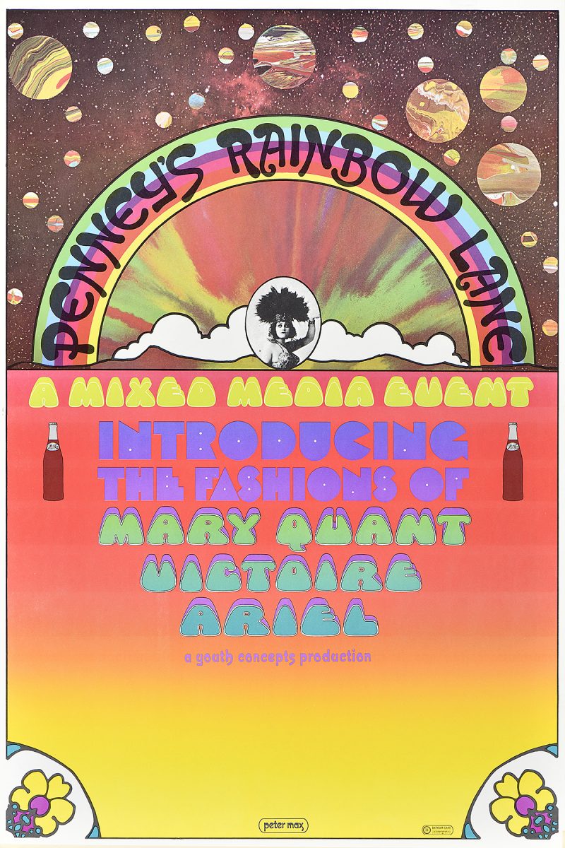 photo offset illustrational poster of a rainbow horizon with a colorful arch surrounding a woman with a feather fan. below and ombre section displays featured fashion designers