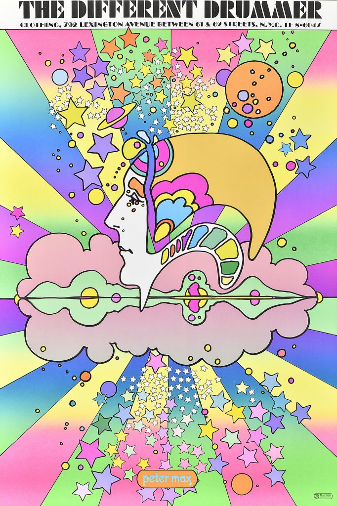 A photo offset illustrational poster of a head in the center of a rainbow starburst with cosmic imagery surrounding it.
