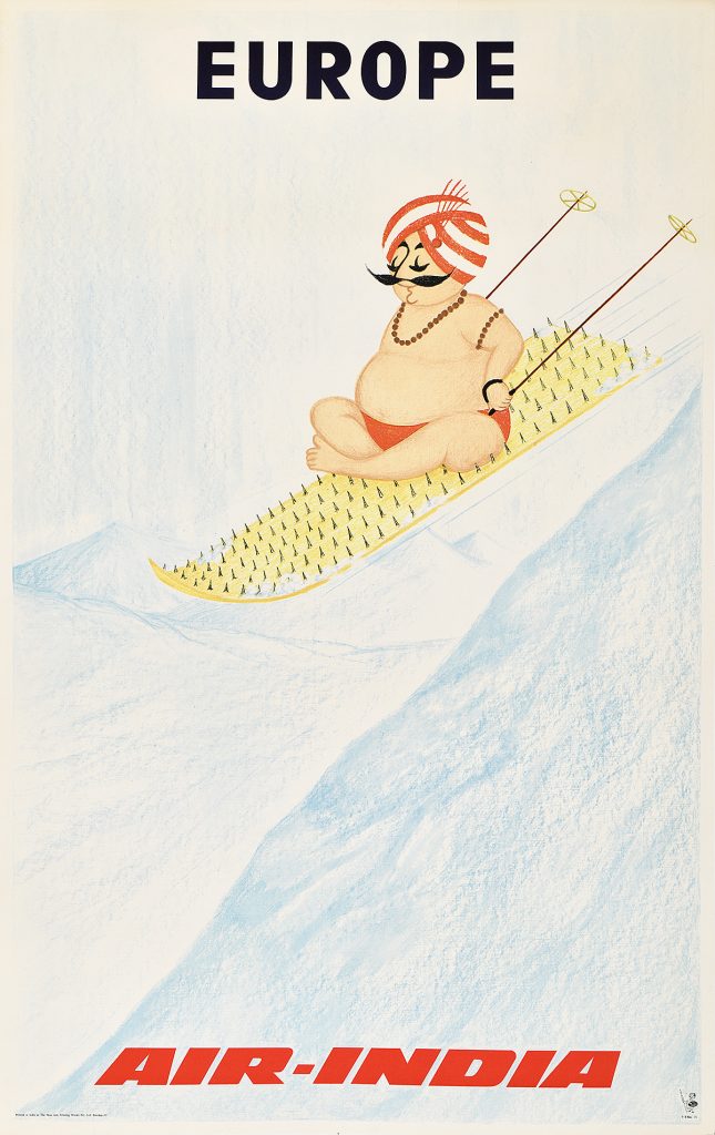 Lithographic poster of the maharaja skiing down a mountain on a bed of nails