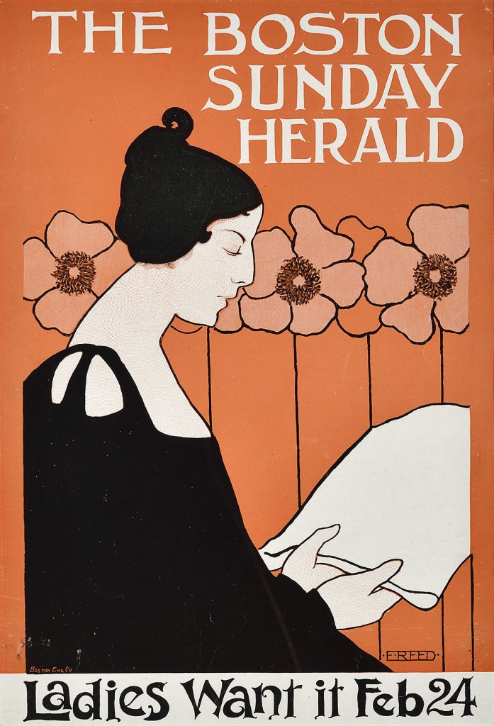 A lithographic poster of a woman in profile reading a blank sheet of paper. Oversized poppies are in the background.