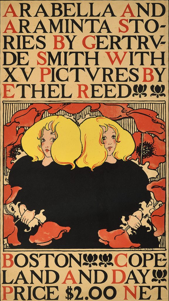 A lithographic poster of two blonde twins back to back in black outfits. Decorative type announces the book above and below.