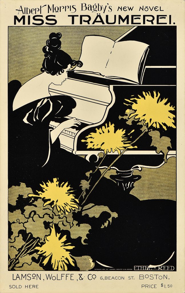 A lithographic poster of a Victorian woman playing the piano; oversize yellow flowers cross the foreground.