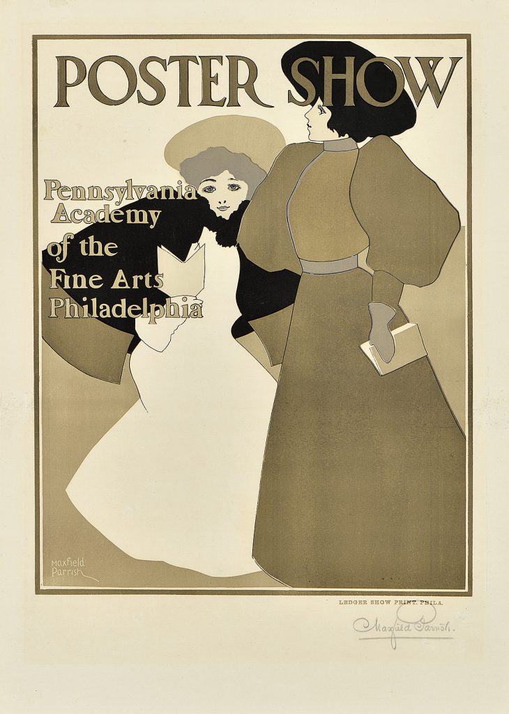 A lithographic poster of two women in muted tone gowns and coats holding books.