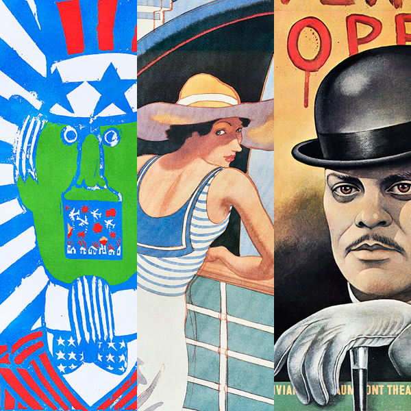 Announcement promoting an event featuring three cropped posters of a green Uncle Sam, a woman standing in front of a cruise ship donning a straw hat, and a mysterious looking man with a bowler hat.