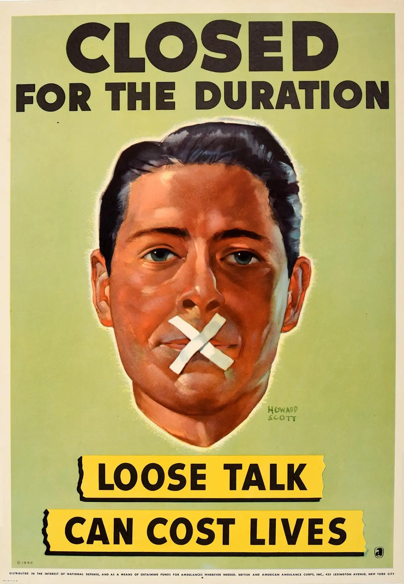 A poster of a middle aged man looking straight at us with tape criss-crossed over his mouth against an olive green background.