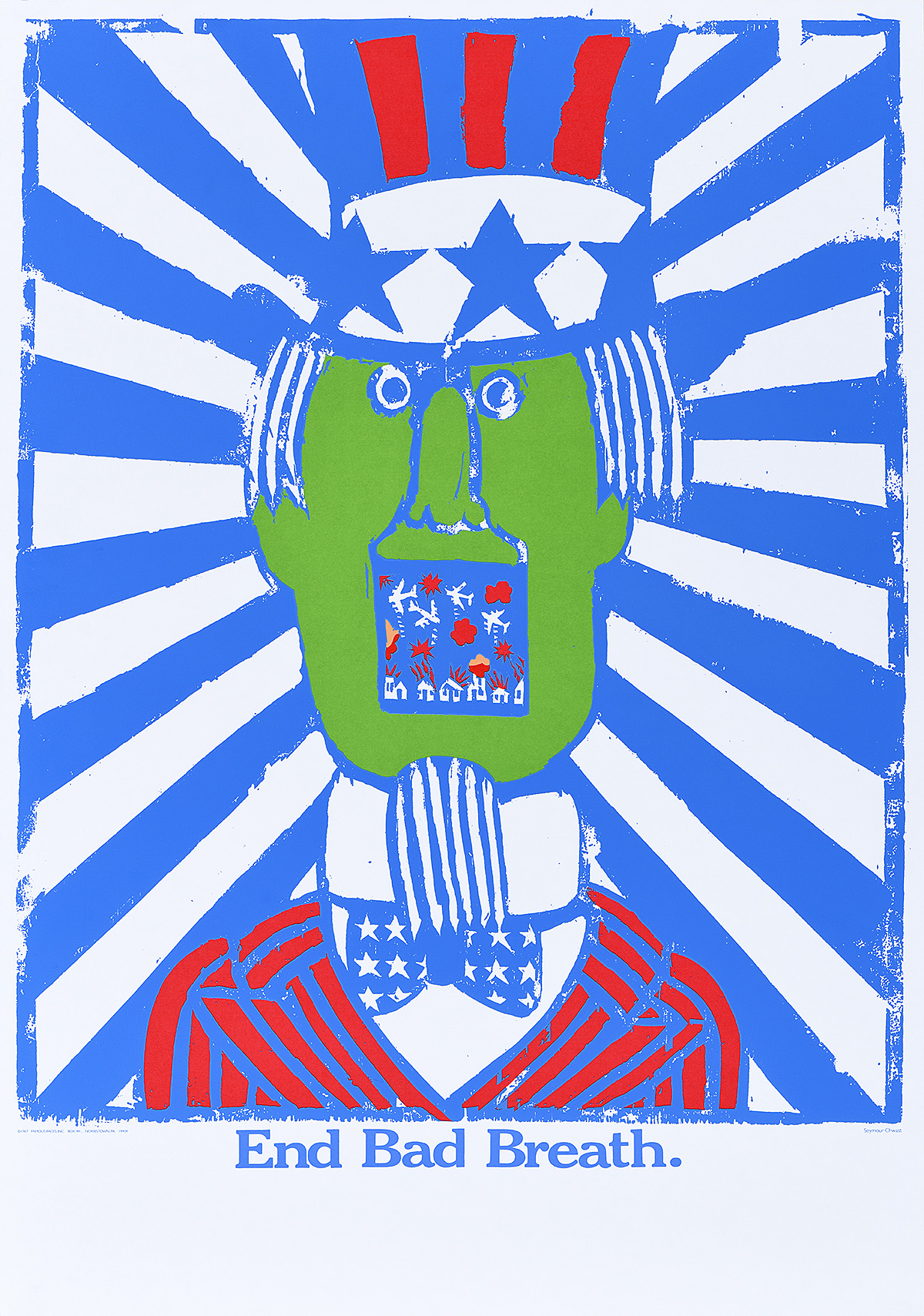 An illustrated poster of a green faced Uncle Sam with flying airplanes dropping bombs in his square shaped blue mouth.