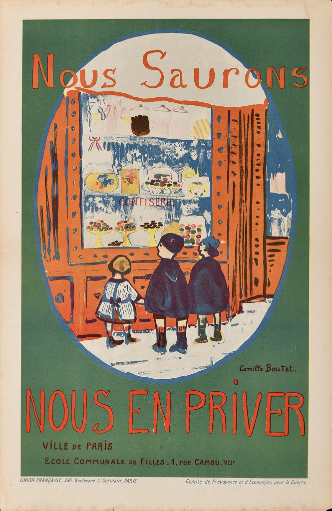 lithographic poster of three children looking in the window of a candy shop