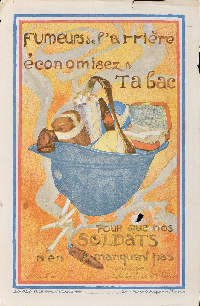 lithographic image of a helmet full of groceries