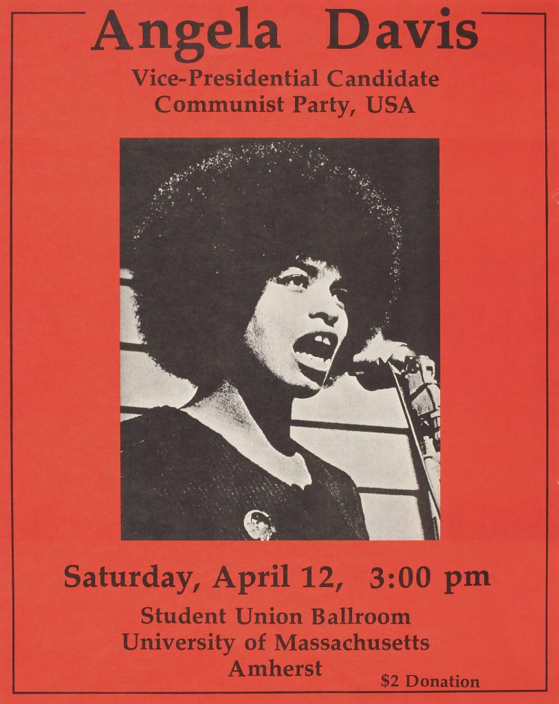 Offset poster of Angela Davis speaking, her mouth open as she talks into a microphone