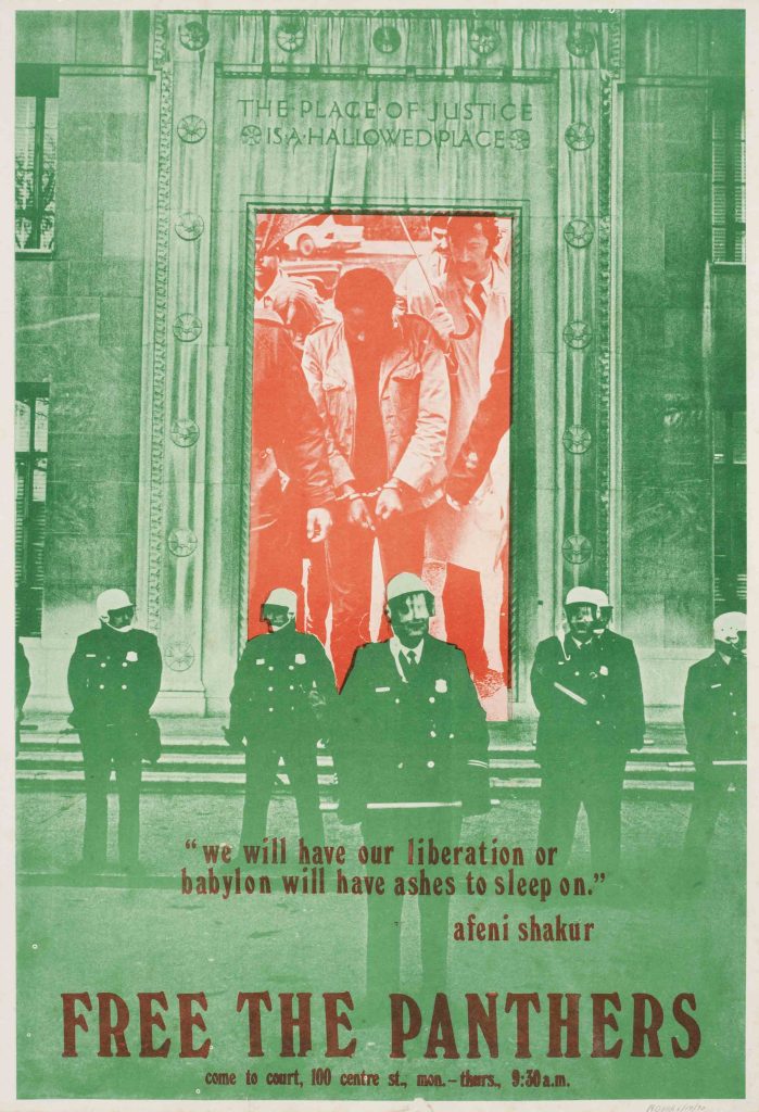 An offset poster of the entrance to a federal building guarded by the police, images of men being dragged away in chains posted over the doorway.
