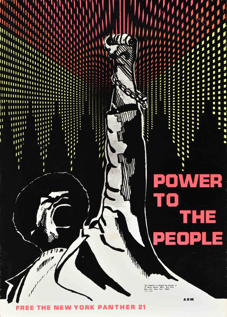 Silkscreen poster of a black figure holding a raised fist against the backdrop of a city.