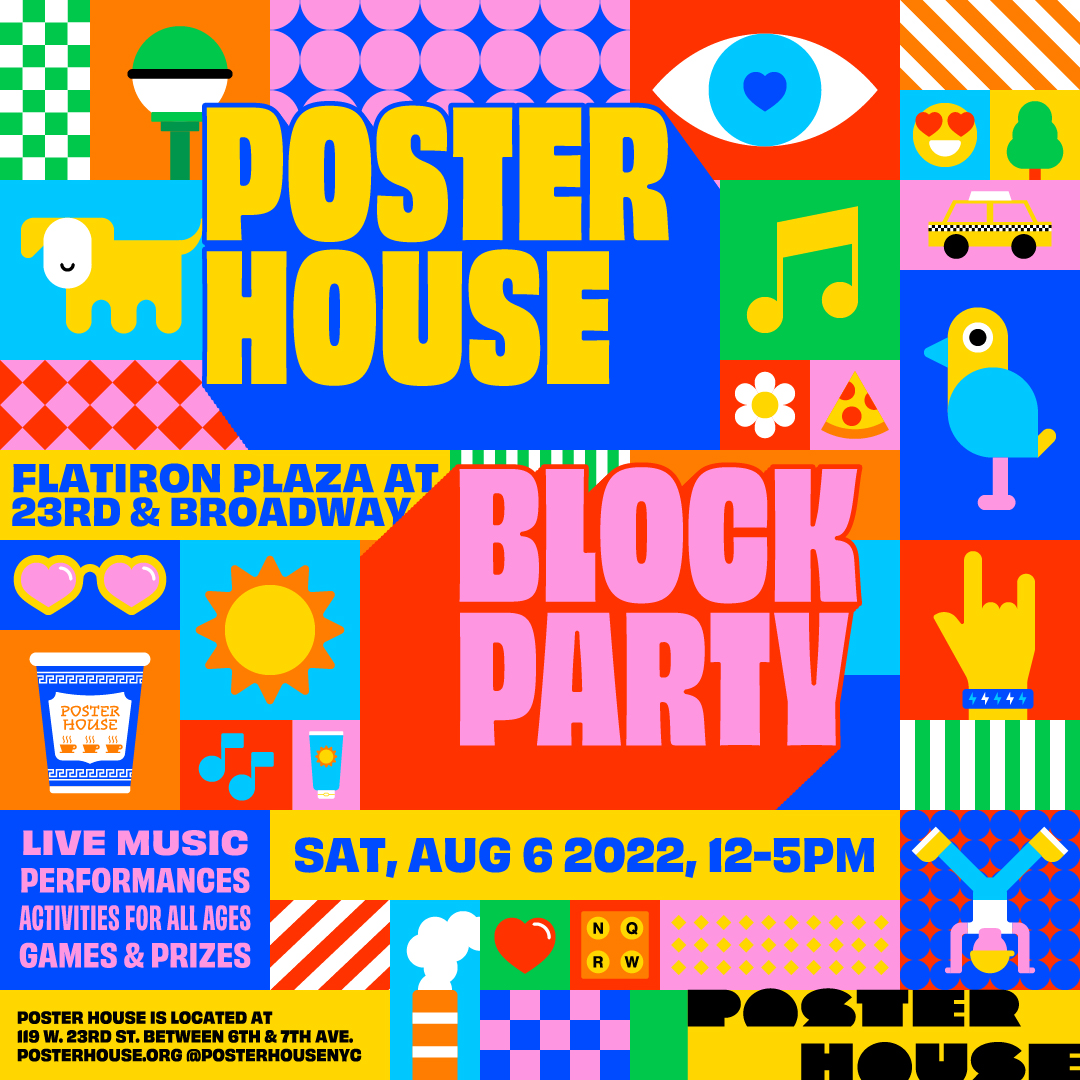 A bright, multicolored graphic with various flat icons and decorative text promoting Poster House Block Party.