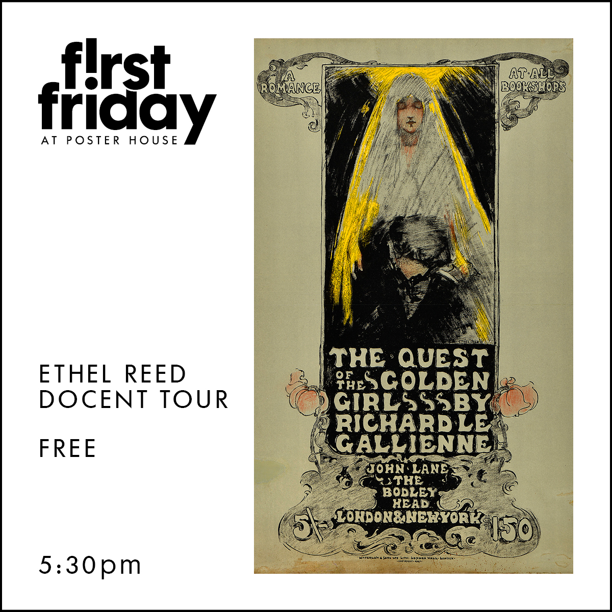 First Friday promotion featuring a lithographic poster of an angelic woman holding a man's head in her lap. Text reads First Friday at Poster House Ethel Reed docent tour free 5:30pm.