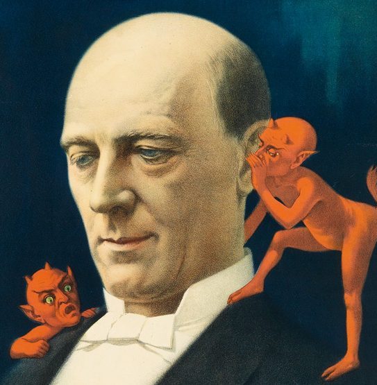 an illustrated poster featuring a miniature devil whispering in a bald man's ear.
