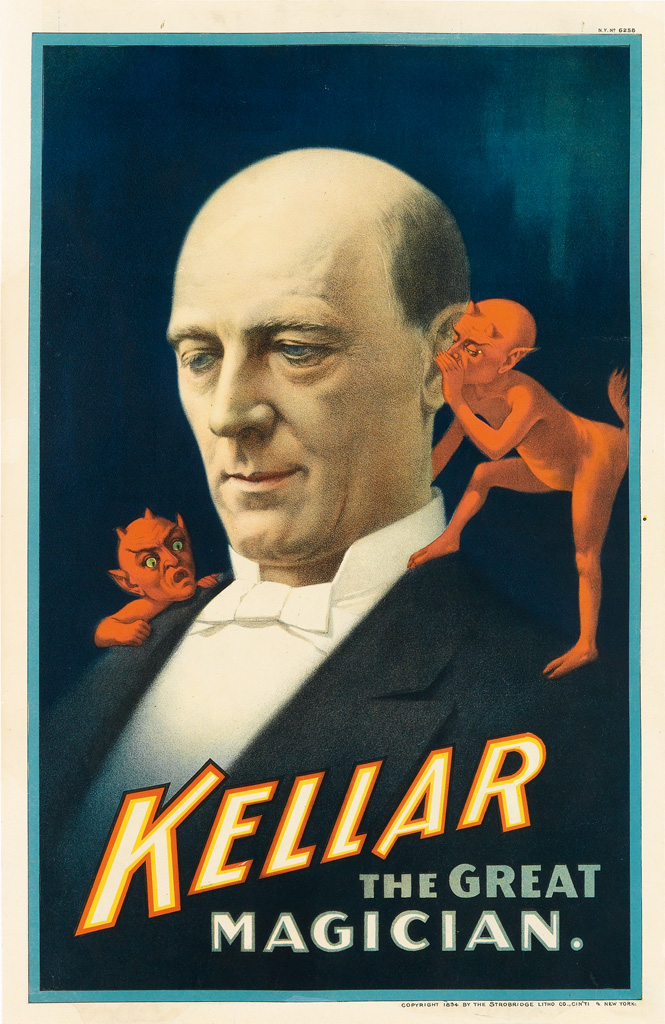 an illustrated poster featuring a miniature devil whispering in a bald man's ear.