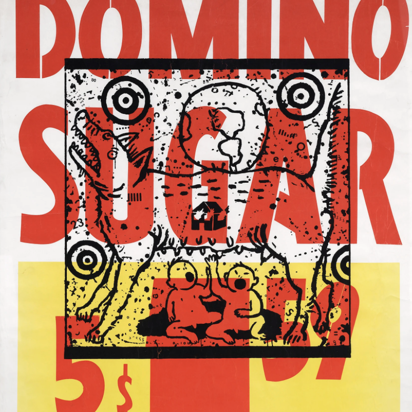 silkscreen domino sugar supermarket poster with a wolf nursing two humans superimposed on it