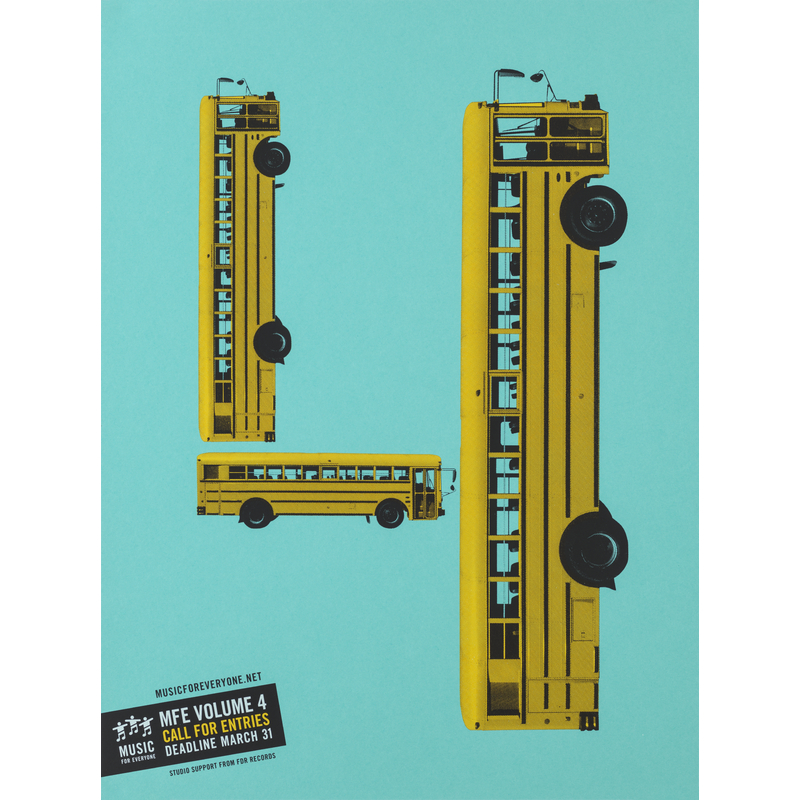 A digital poster featuring 3 school buses in the shape of a 4 on a teal background