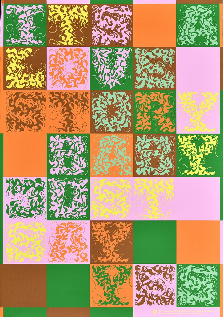 Offset poster in 1970s colors featuring a quilted background with floral letters inside each square spelling out Taylor Swift lyrics.