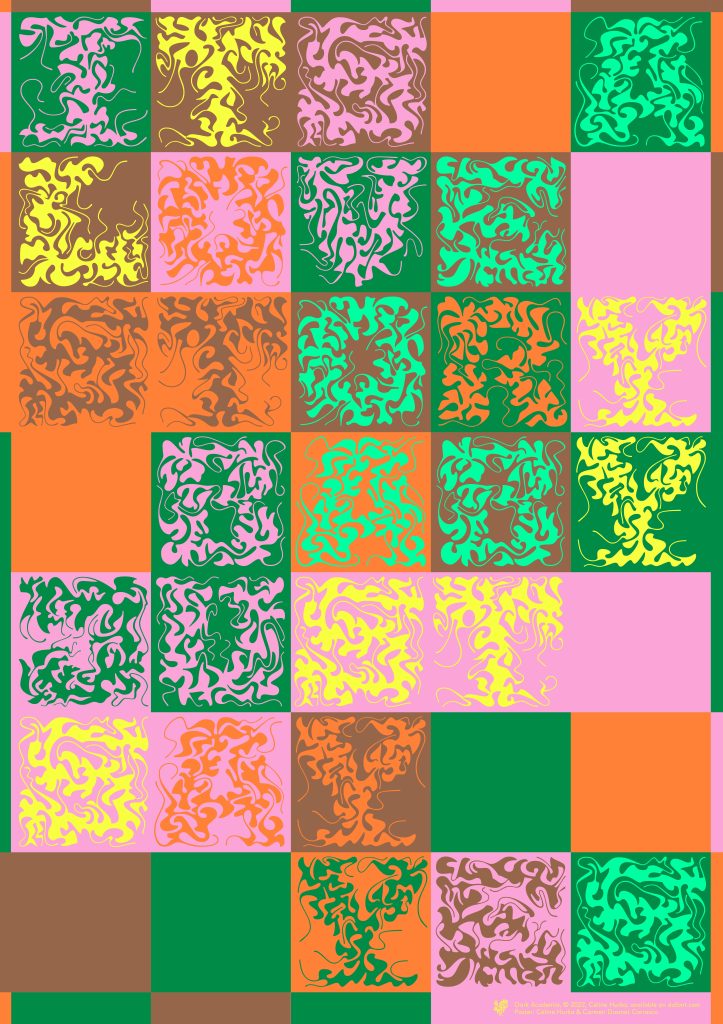 Photo offset poster of a colorful patchwork background with decorative, plantlike letters spelling love story baby in different blocks.