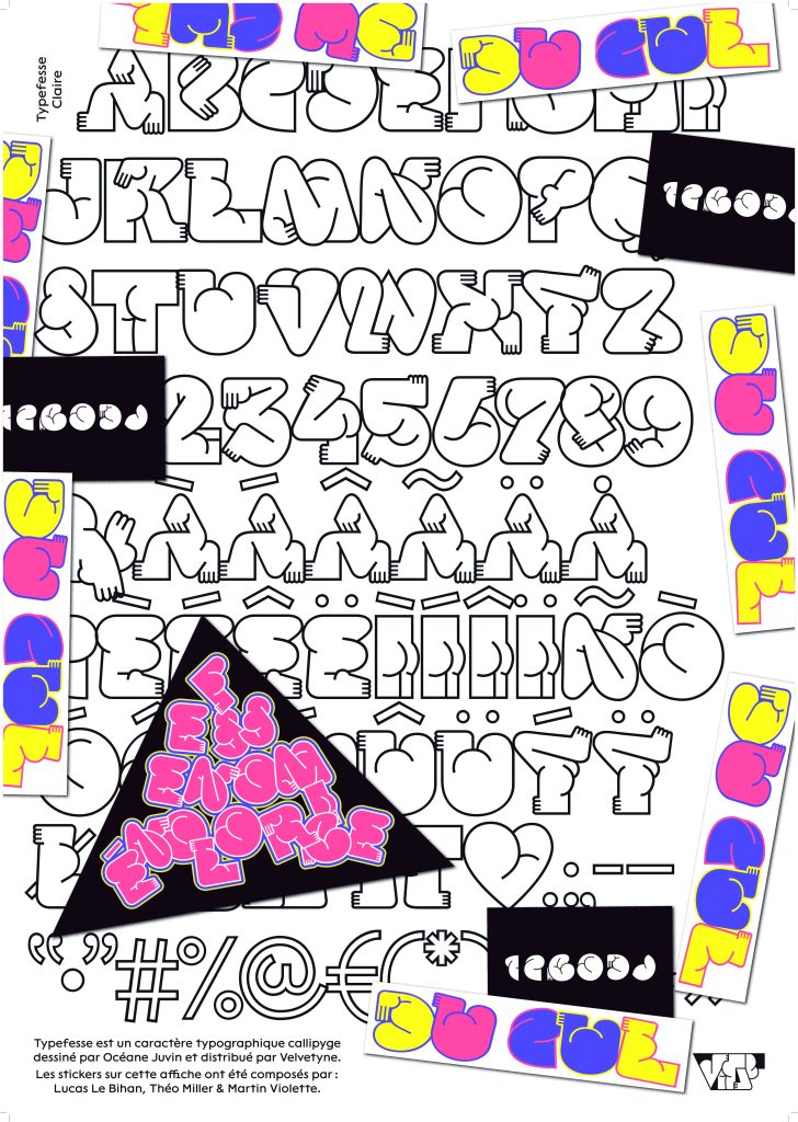 Photo offset poster of an alphabet made out of puffy human forms in an early 90s style with pops of color.