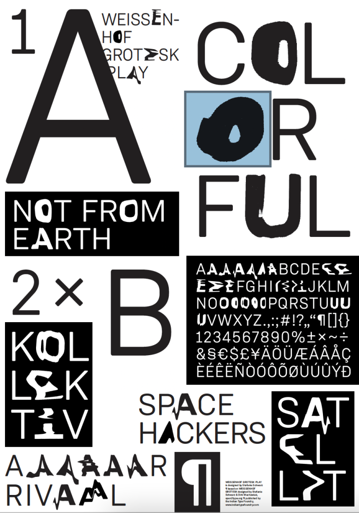 Photo offset poster in black and white with some blue accents promoting a new typeface.