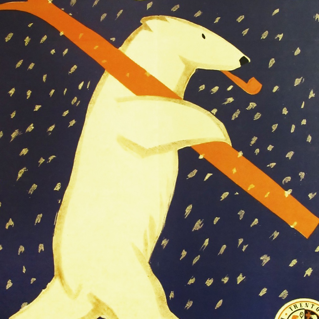 A poster of a polar bear carrying a red ski against a blue and snowy background.