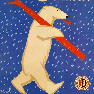 A poster of a polar bear carrying a red ski against a blue and snowy background.