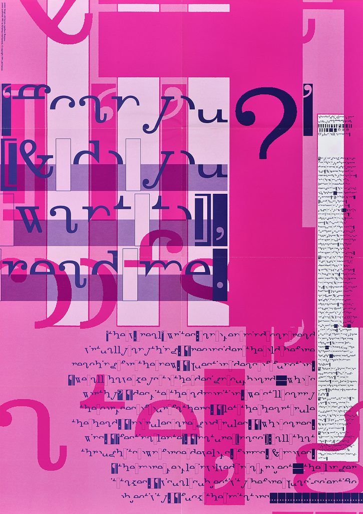 Offset poster in pink and magenta tones showing the upper half of roman letters in an alphabet.